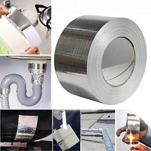 Silberfarbene Aluminium-Klebebandrolle mit kleinen Anwendungsbildern